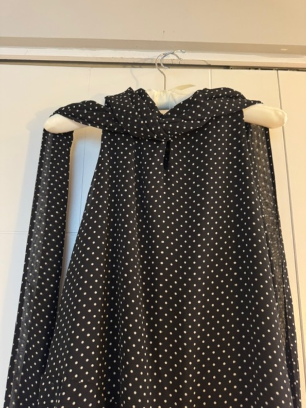 Asymmetric polka-dot chiffon scarf-collar dress - Black M - NEW